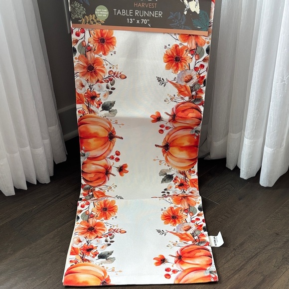 Artisan Harvest Table Runner, pumpkins, fall flowers on white background - Picture 2 of 8